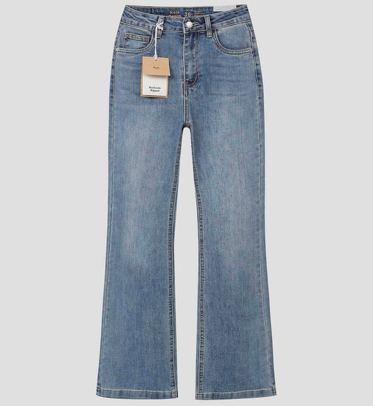 blue jeans with ruffle back